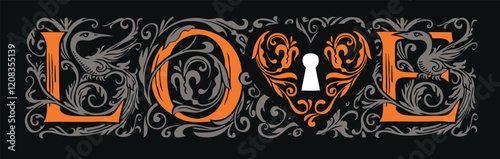 Exquisite Love lettering in fancy initials with old key and lock in vintage style. Suitable for t-shirt design, valentine, wedding invitation. Vector lettering on black background