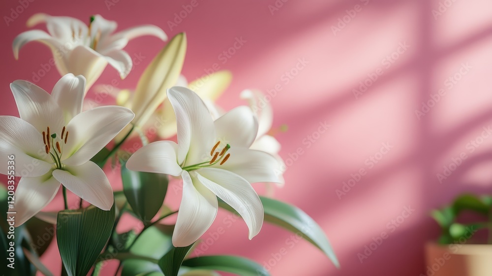 Fototapeta premium Elegant white lilies against a soft pink wall for easter decor and inspiration