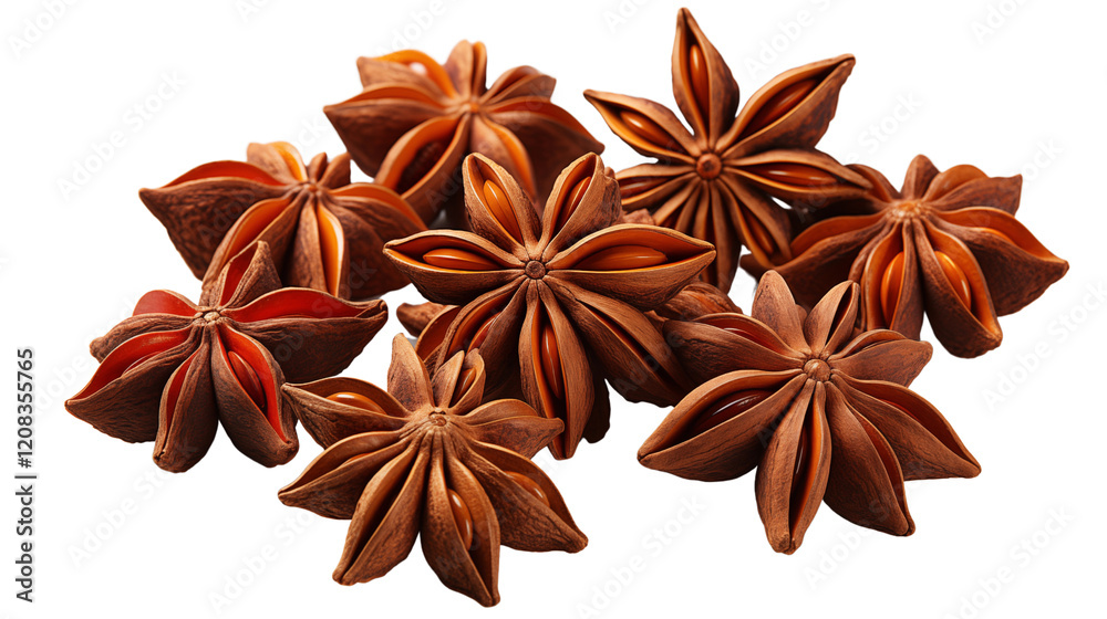 Star anise pod with a distinctive shape, used in culinary dishes and aromatic blends, studio view, isolated on transparent background. Star anise pod with a distinctive shape, used in culinary dishes and aromatic blends, studio view, isolated on transparent background.