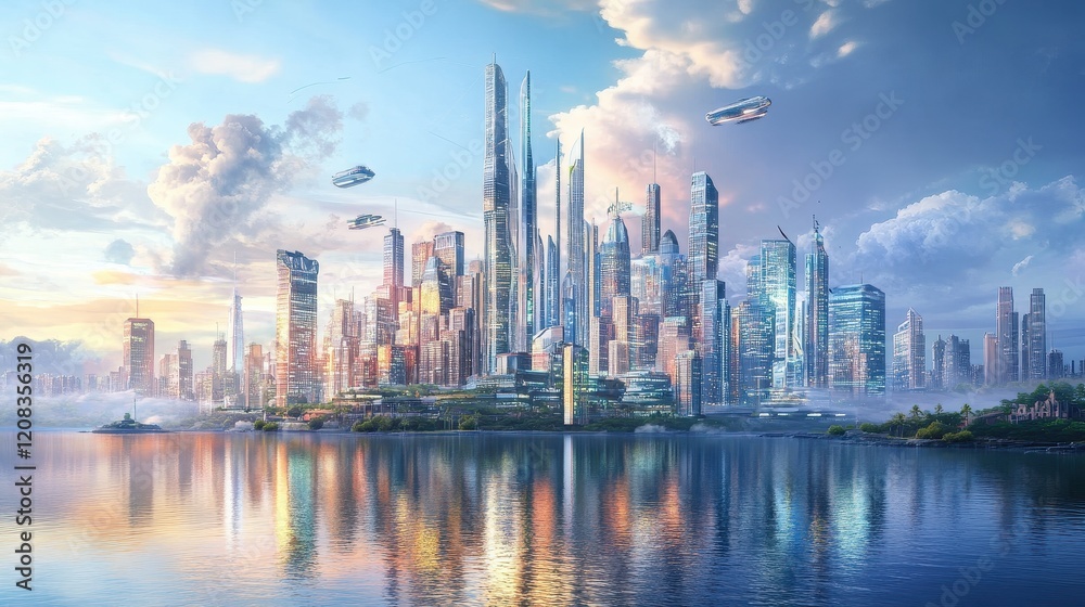 Fototapeta premium Futuristic city skyline with high-tech buildings and flying vehicles at sunset