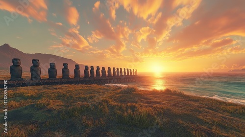 Sunset at ahu tongariki with 15 moai statues on easter island coastline