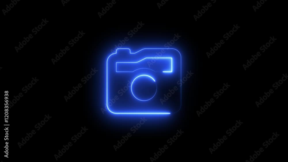 Neon symbol camera retro icon blue color glowing animation with black background, glowing neon sign on black background Neon symbol camera retro icon blue color glowing animation with black background, glowing neon sign on black background