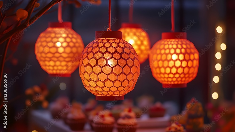 Obraz premium Intricate honeycomb-patterned lanterns hang, emitting a warm, inviting glow. They're suspended near a blurred background of cupcakes, creating a festive, atmospheric scene.