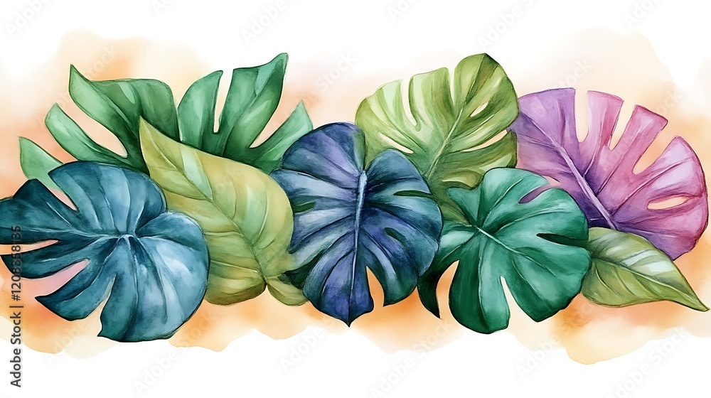 Obraz premium Watercolor Painting of Lush Tropical Monstera Leaves