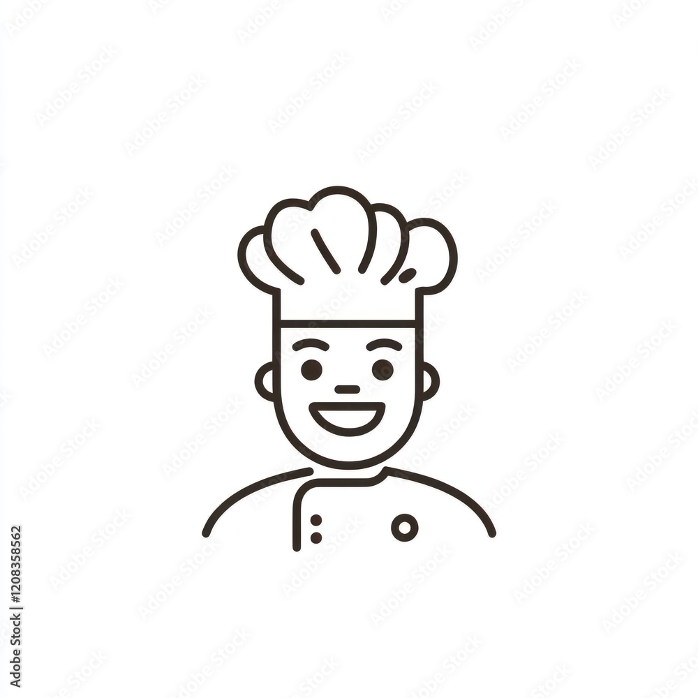 Line drawing of a chef with a hat, smiling, on white background for menu, recipe use Line drawing of a chef with a hat, smiling, on white background for menu, recipe use
