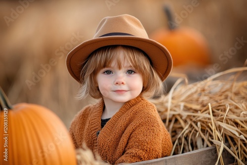 Child plays joyfully with a wooden cart filled with golden straw and terracotta pumpkins on a bright farm in autumn photo