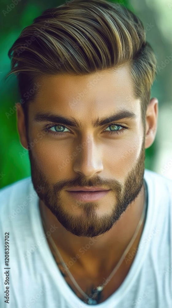 A captivating portrait of a handsome man with striking blue eyes and a well-groomed beard, highlighting facial symmetry and intense expression against a blurred natural backdrop. A captivating portrait of a handsome man with striking blue eyes and a well-groomed beard, highlighting facial symmetry and intense expression against a blurred natural backdrop.