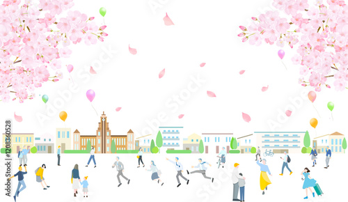 桜と風船ー可愛い街並みと人々の歩く風景ベクターイラスト春の背景素材