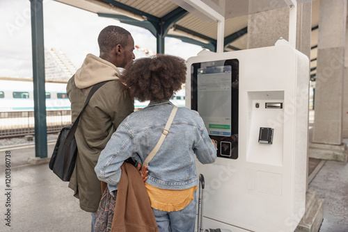Travelers, African American couple buying tickets at a train station on a vending machine, paying with a payment card.