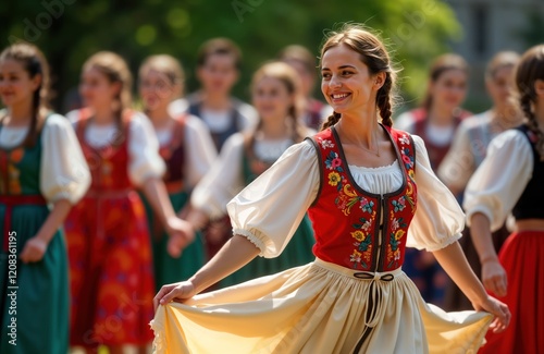 Women in traditional Romanian folk costumes dance joyfully. Celebration of culture, heritage. Group performance vibrant embroidery, lace work. Energetic dance movement. Festival atmosphere.