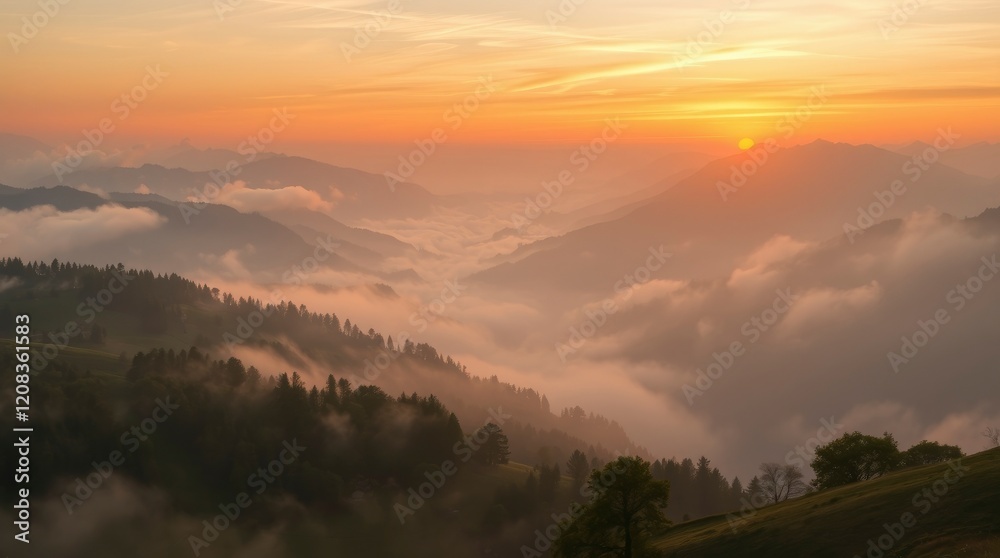 Fototapeta premium Stunning Sunrise Mountain Landscape with Foggy Valley