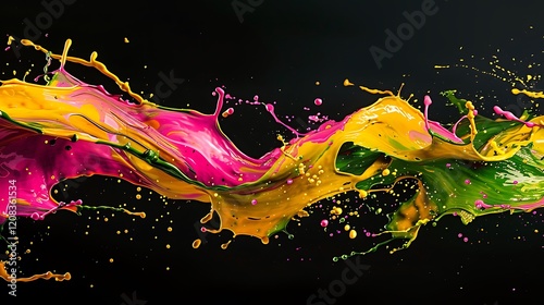 Bold color intermixing of yellow, pink, and green splashes against a solid black backdrop. photo