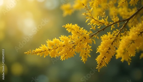 Golden yellow mimosa branch illuminated by sunlight in a natural setting