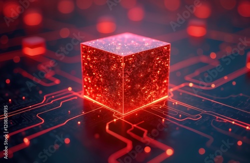 Red glowing cube displays dynamic digital network connections. Abstract tech image. Data storage system representation. Futuristic design. Glowing lights, connections suggest innovation. Modern