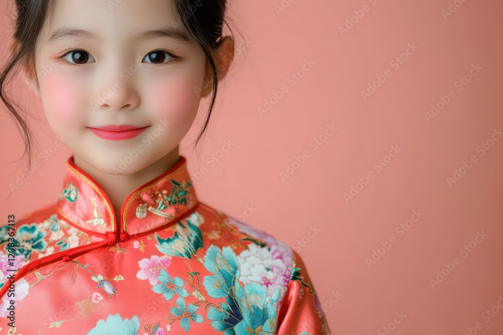 A girl wears a cheongsam with traditional floral patterns and butterfly patterns on the cheongsam on a blank background A girl wears a cheongsam with traditional floral patterns and butterfly patterns on the cheongsam on a blank background