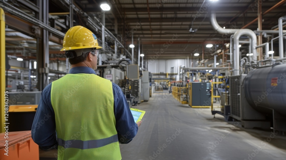 Supervisor wearing a hardhat and high visibility vest, using a tablet to inspect industrial equipment within a factory, ensuring safety and quality in the manufacturing process Supervisor wearing a hardhat and high visibility vest, using a tablet to inspect industrial equipment within a factory, ensuring safety and quality in the manufacturing process