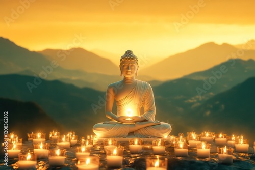 A glowing Buddha, wearing white and sitting cross-legged on the top of mountains with lights shining in front of him