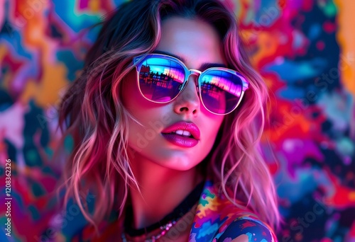 Neon-lit Woman in Trendy Sunglasses: Vibrant Fashion Portrait