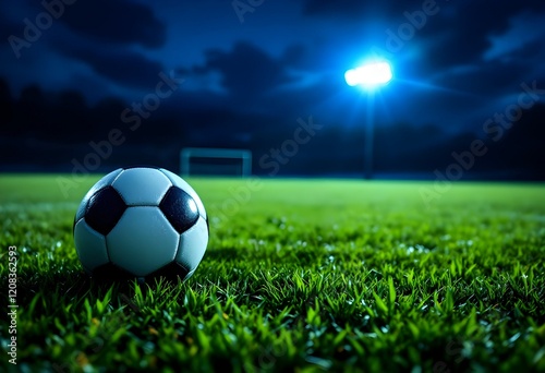 Night Football: Soccer Ball on Lush Green Field Under Stadium Lights