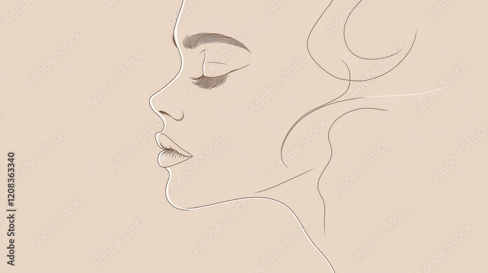 Minimalist line art of woman's face in profile on soft beige background Minimalist line art of woman's face in profile on soft beige background
