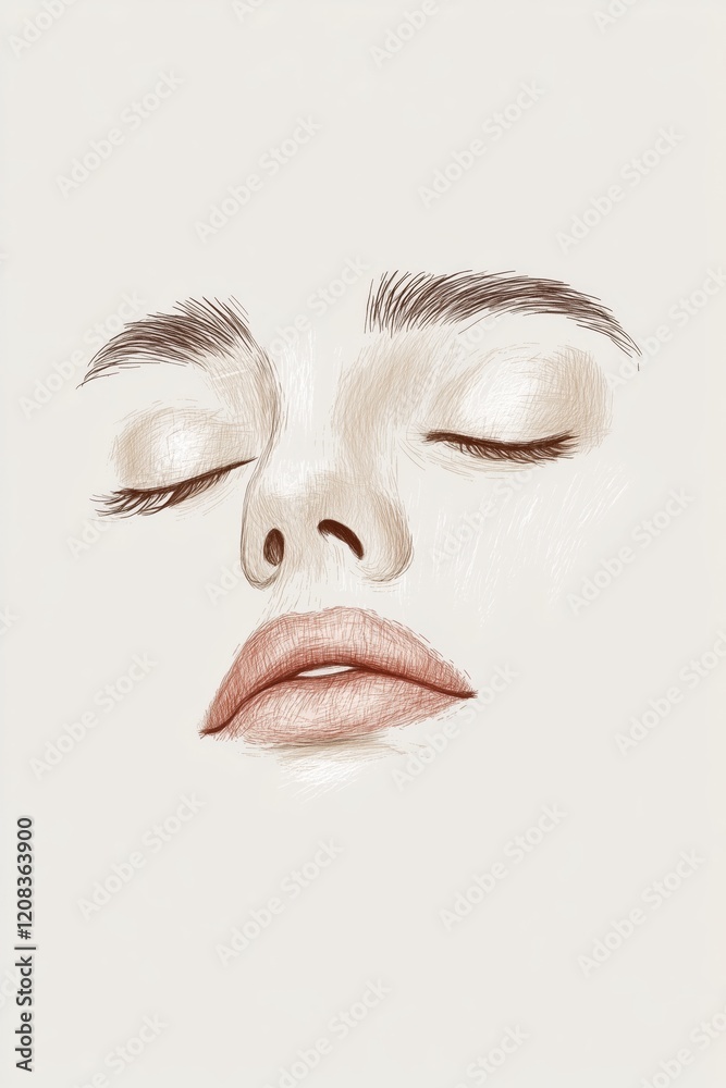 Minimalist portrait illustration of a woman's closed eyes and lips on neutral background Minimalist portrait illustration of a woman's closed eyes and lips on neutral background