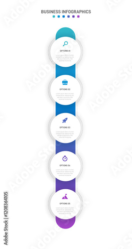 Vertical progress bar featuring 5 arrow-shaped elements, symbolizing the five stages of business strategy and progression. Clean timeline infographic design template. Vector for mobile presentation.