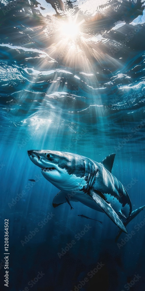Fototapeta premium Majestic Great White Shark Underwater Sunlight Scene