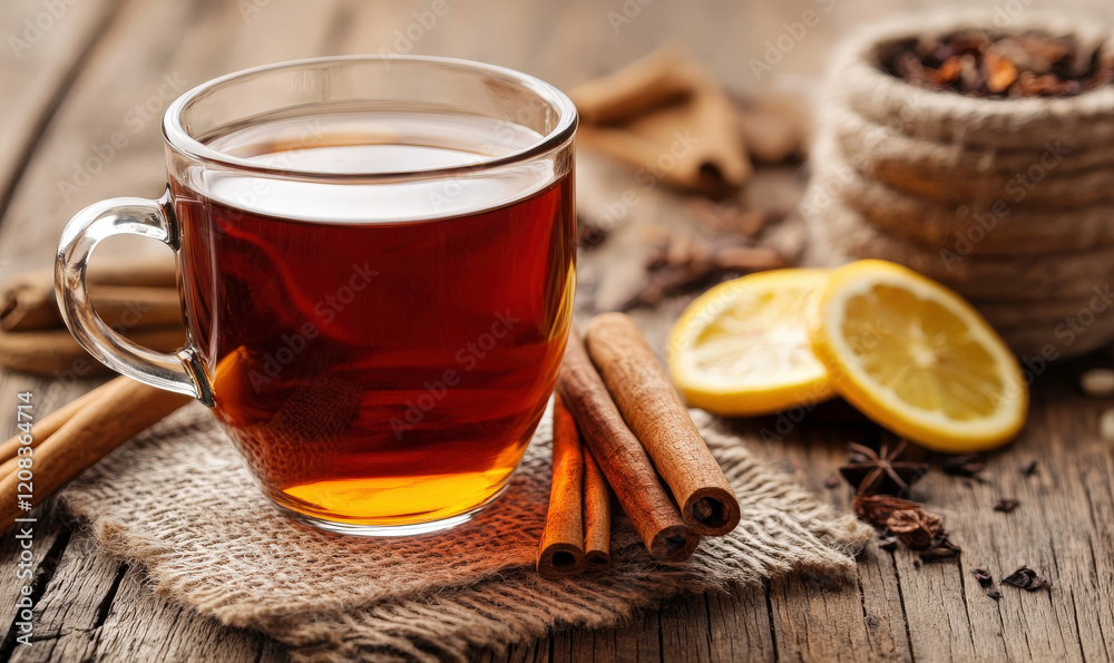 Warm and Cozy Herbal Tea with Cinnamon Sticks and Lemon Slices on Rustic Wooden Table for Autumn and Winter Comfort Warm and Cozy Herbal Tea with Cinnamon Sticks and Lemon Slices on Rustic Wooden Table for Autumn and Winter Comfort
