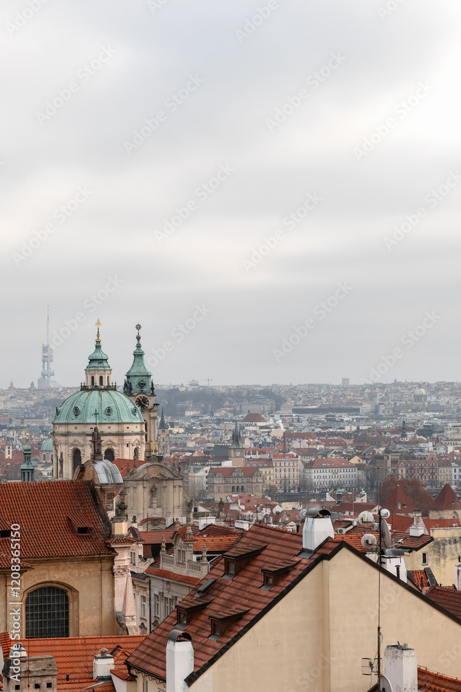 Fototapeta premium Panoramic view on Prague Historical Gothic Medieval castle and church complex, St. Vitus Cathedral, Charles Bridge, astronomical clock, Basilica of St. George, Unesco city tourism