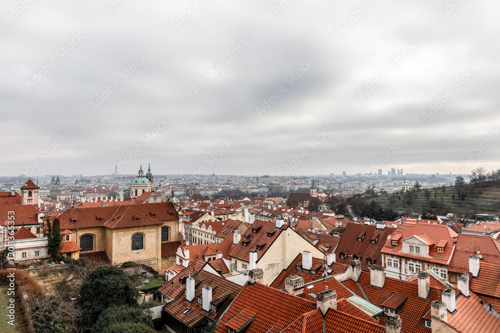 Obraz premium Panoramic view on Prague Historical Gothic Medieval castle and church complex, St. Vitus Cathedral, Charles Bridge, astronomical clock, Basilica of St. George, Unesco city tourism