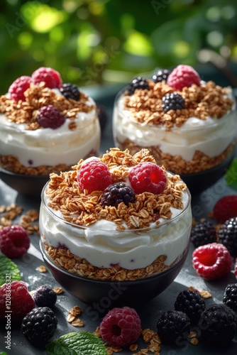 A selection of sweet treats featuring yogurt, raspberries, and granola