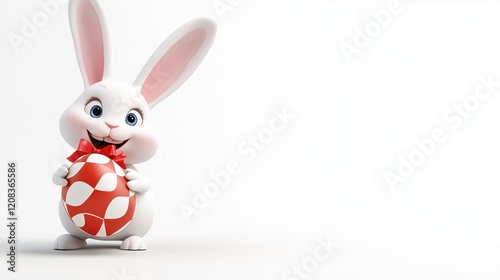 A cheerful white bunny holds a brightly colored Easter egg, its playful smile inviting joy and celebration, with ample copy space on the white background for your message.
