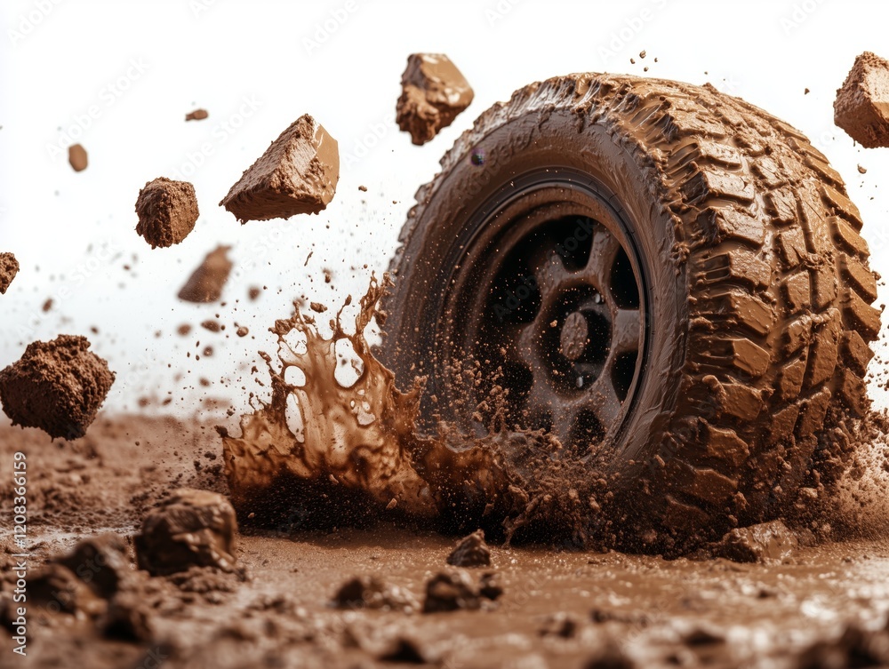 Off-road adventure: tire plowing through muddy terrain with flying dirt Off-road adventure: tire plowing through muddy terrain with flying dirt