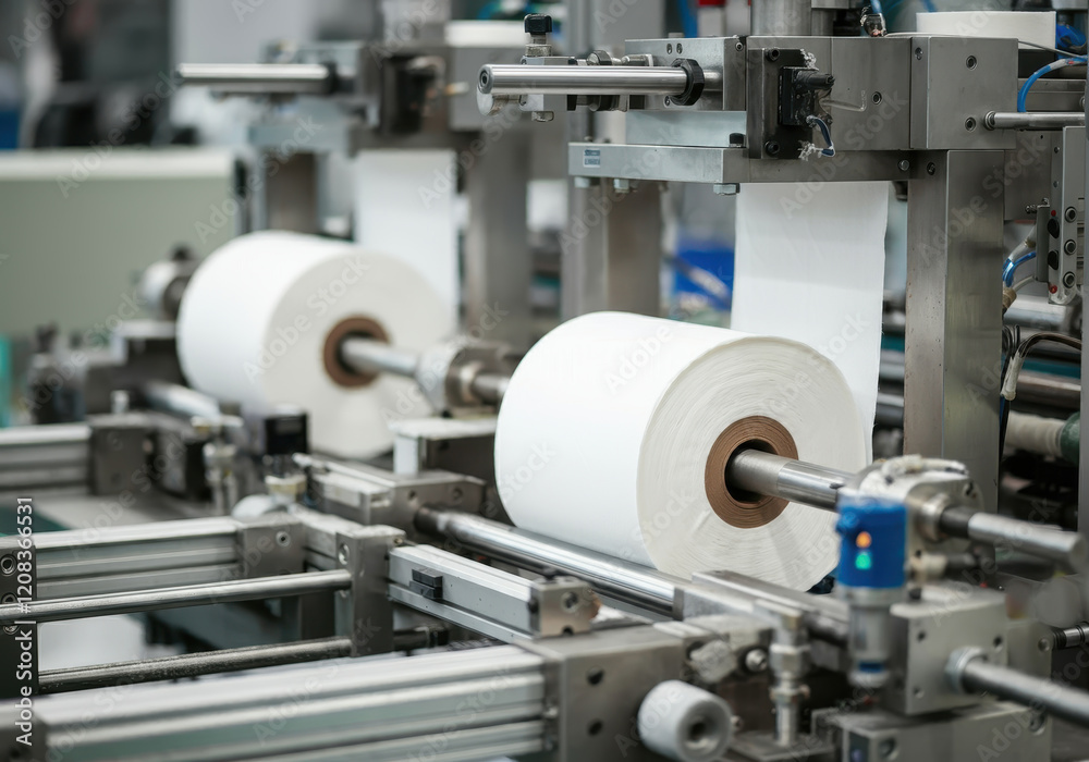 Close-up view of Industrial machinery paper towel production Close-up view of Industrial machinery paper towel production