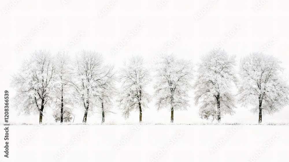 Snow-Covered Trees in Isolated Winter Landscape of White Serenity Snow-Covered Trees in Isolated Winter Landscape of White Serenity
