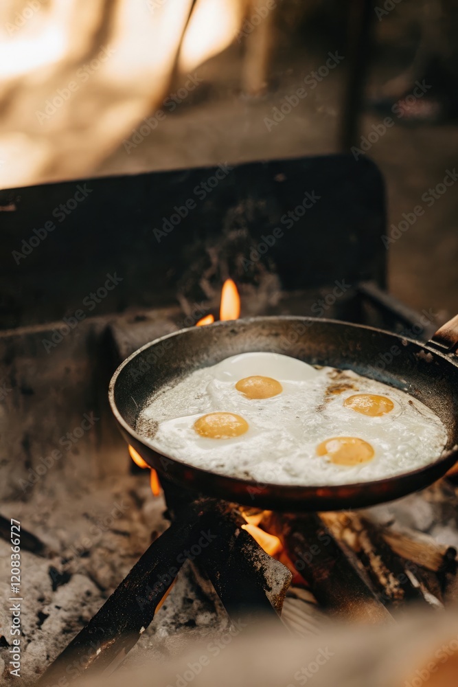 Cooking Fried Eggs Over a Campfire at Dawn. Generative AI Cooking Fried Eggs Over a Campfire at Dawn. Generative AI