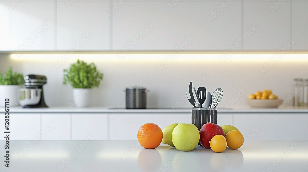 Modern White Kitchen Countertop with Fresh Colorful Fruits Display