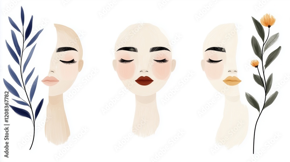 Minimalist female portraits with botanical elements - three faces with unique makeup