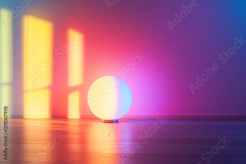 Colorful light reflection on a wall from sphere lamp in modern room during sunrise