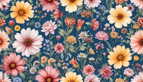 Vibrant floral pattern design featuring diverse flowers on a deep blue background
