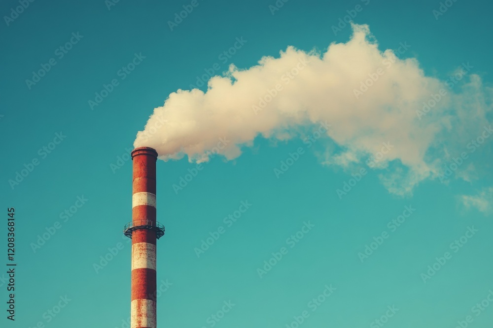 Industrial smokestack emits white smoke into clear blue sky, indicating ongoing manufacturing process in urban environment Industrial smokestack emits white smoke into clear blue sky, indicating ongoing manufacturing process in urban environment