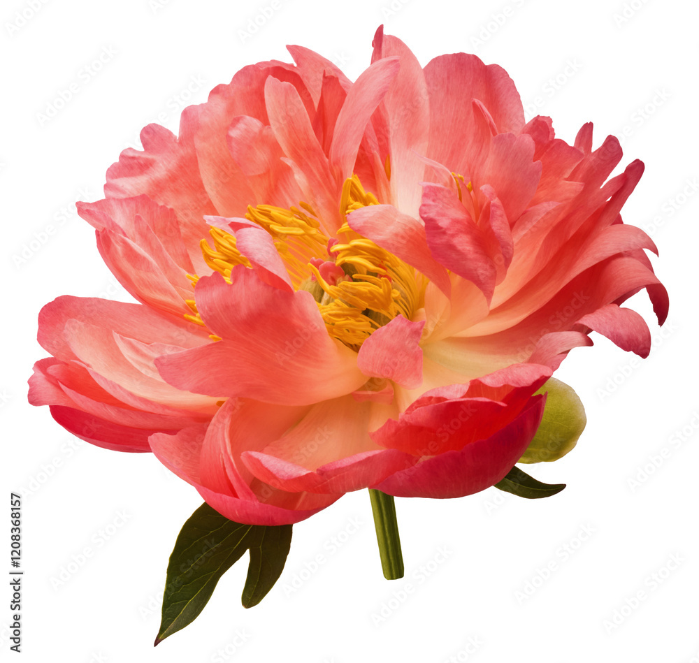 Beautiful coral Suffruticosa Tree Peony falling in the air isolated on white background. High resolution, zero gravity or levitation concept. Beautiful coral Suffruticosa Tree Peony falling in the air isolated on white background. High resolution, zero gravity or levitation concept.
