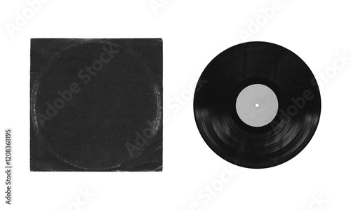 vinyl record mockup isolated on white background, separated sleeve and disc with empty space for music cover design