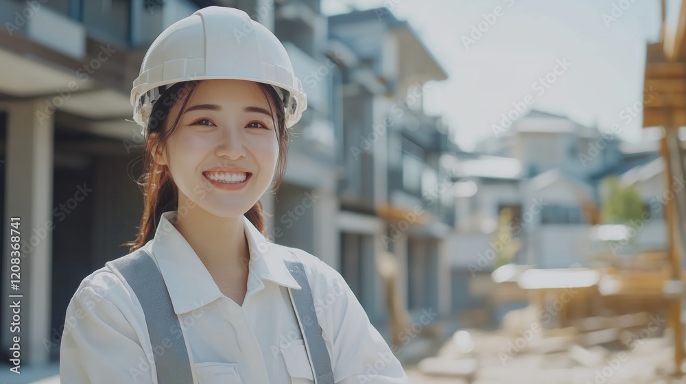 A cheerful Asian civil engineer stands confidently in her safety vest and hard hat, the residential construction site behind her showing steady progress. A cheerful Asian civil engineer stands confidently in her safety vest and hard hat, the residential construction site behind her showing steady progress.