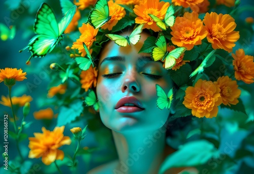 Serene Woman Adorned with Flowers and Butterflies: A Dreamy Teal Portrait