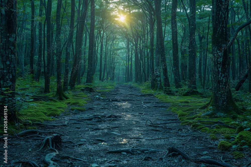 Fototapeta premium Sunlight filtering through lush green forest with a serene trail