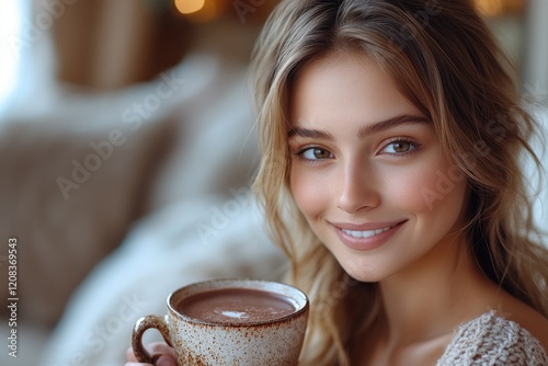 A woman holds a cup of hot chocolate, enjoying the warmth and comfort