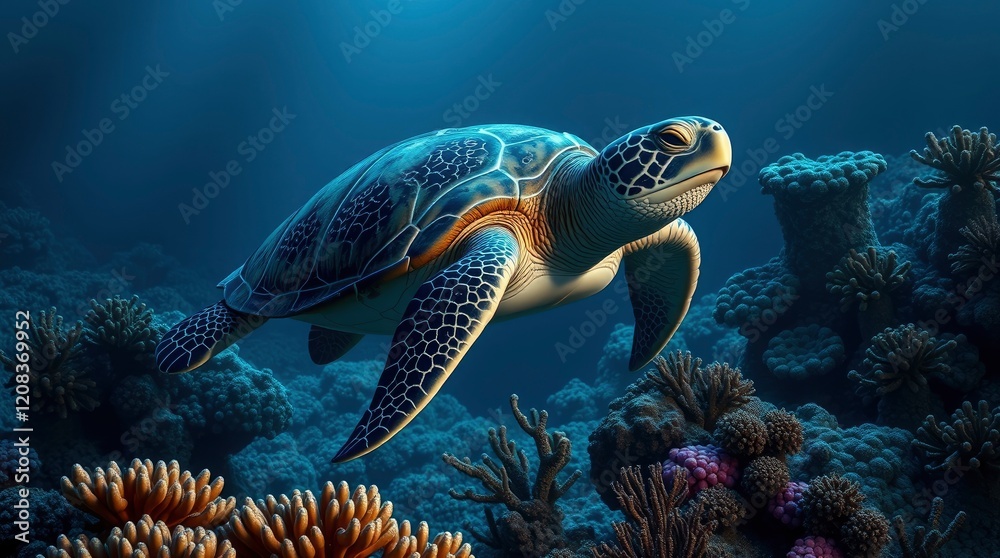 Fototapeta premium Majestic Sea Turtle Swimming in Vibrant Coral Reef