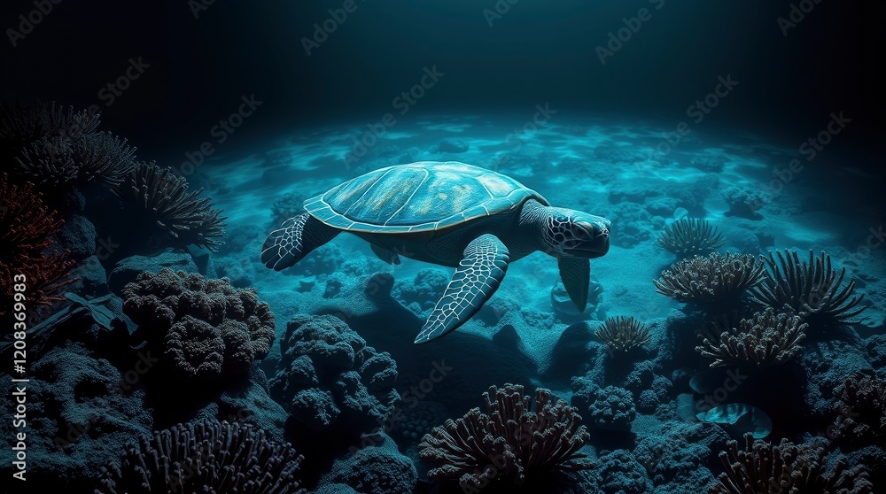 Fototapeta premium Sea Turtle Underwater Coral Reef Scene Ocean Wildlife