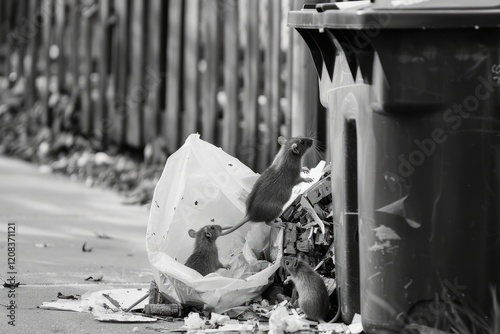 Rats in trash and dark spaces, representing infestation, waste, and urban pest control issues. photo